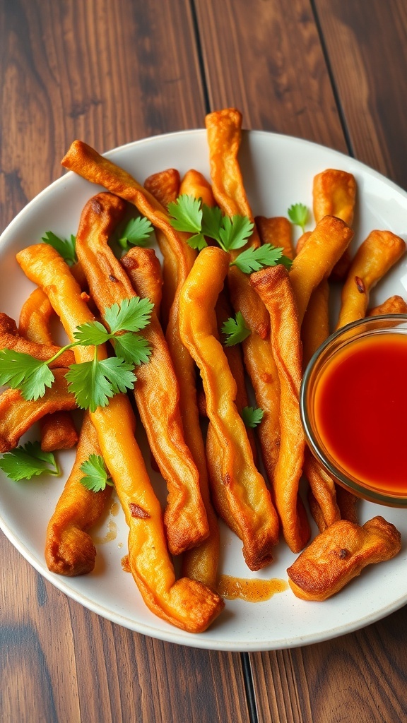 Crispy lotus stem slices served with coriander garnish and dipping sauce on a wooden table.